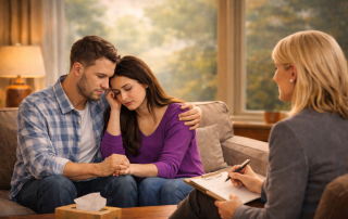 A Scarsdale NY Couple needing couple's counseling sitting on a couch with their therapist