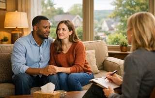 A Scarsdale NY Couple needing marriage counseling sitting on a couch with their therapist